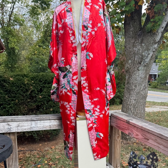 Vintage 80s Elegant Red Floral Kimono Jacket duster - Picture 1 of 5